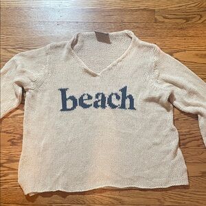 Wooden Ships Cream V-Neck Sweater with Navy Beach Design